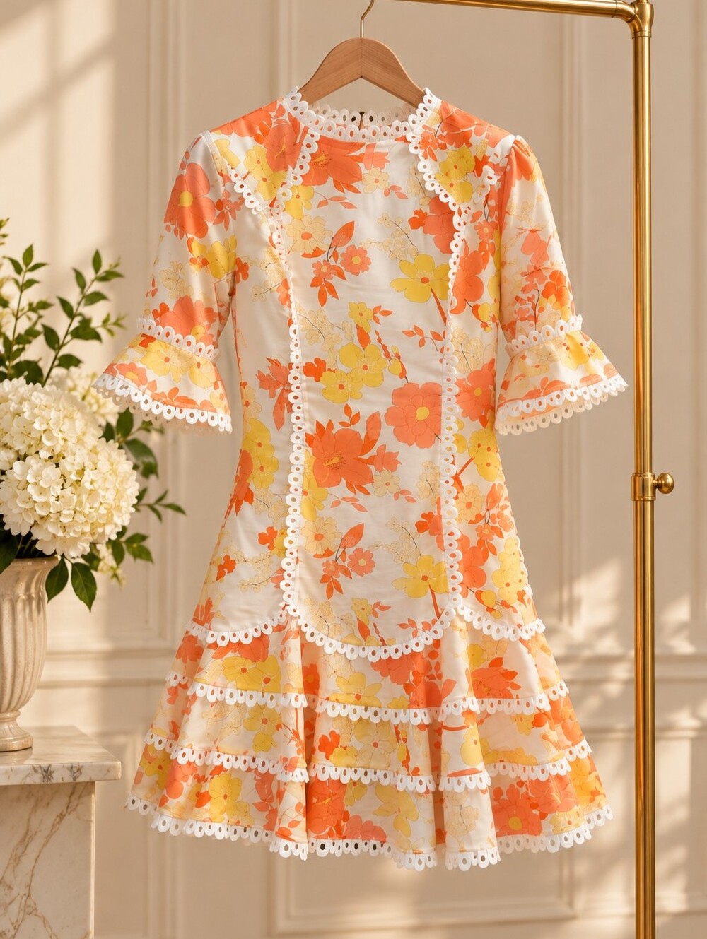 Retro Summer Floral Mini Dress / A-Line Dress in Orange & Yellow